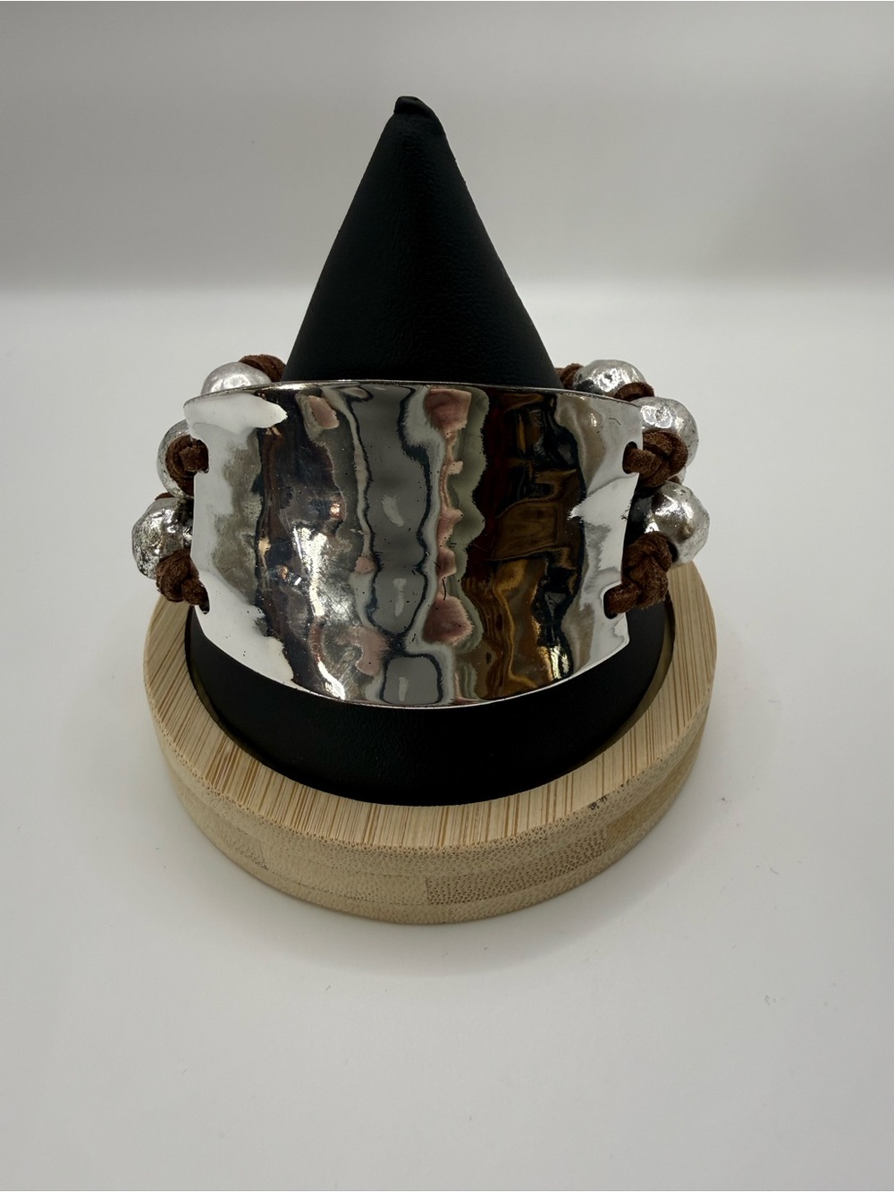 Robert Lee Morris Silver Hammered Statement Cuff with Brown Cord Details